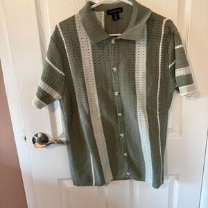 Like new! Art of Rhetoric Knit Green Striped Polo Shirt, Size Small